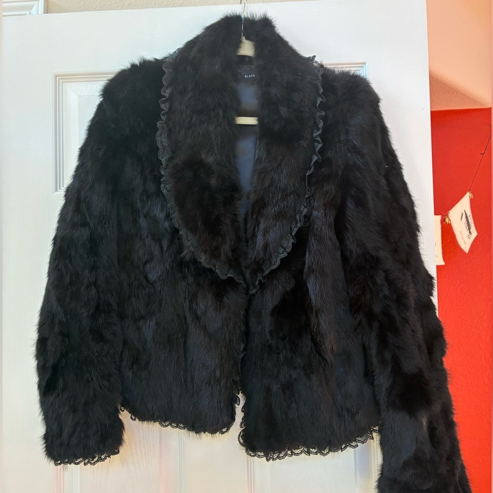 Elegant Black Real Rabbit Fur Jacket with Lace Trim